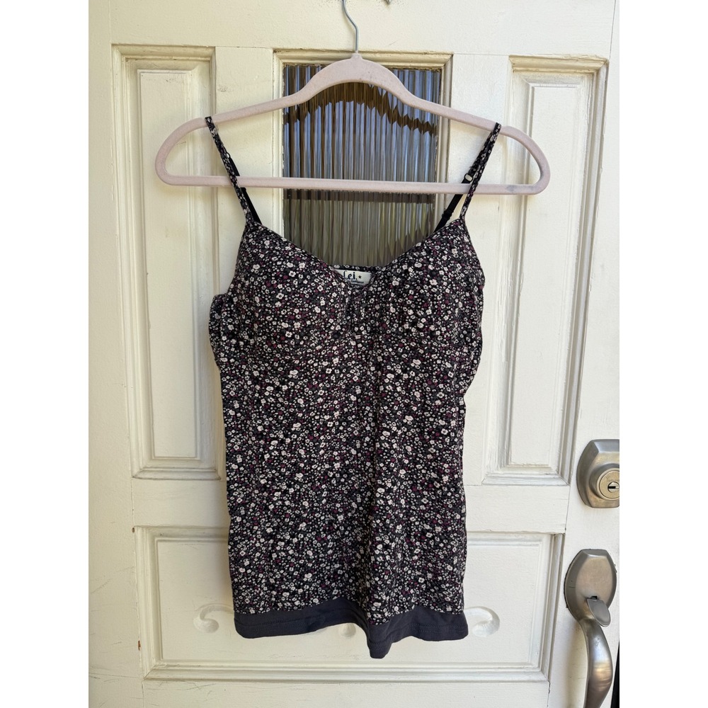 LEI Floral Camisole Top Bra Padded Gray Pink Ditsy Cotton Size Junior XL